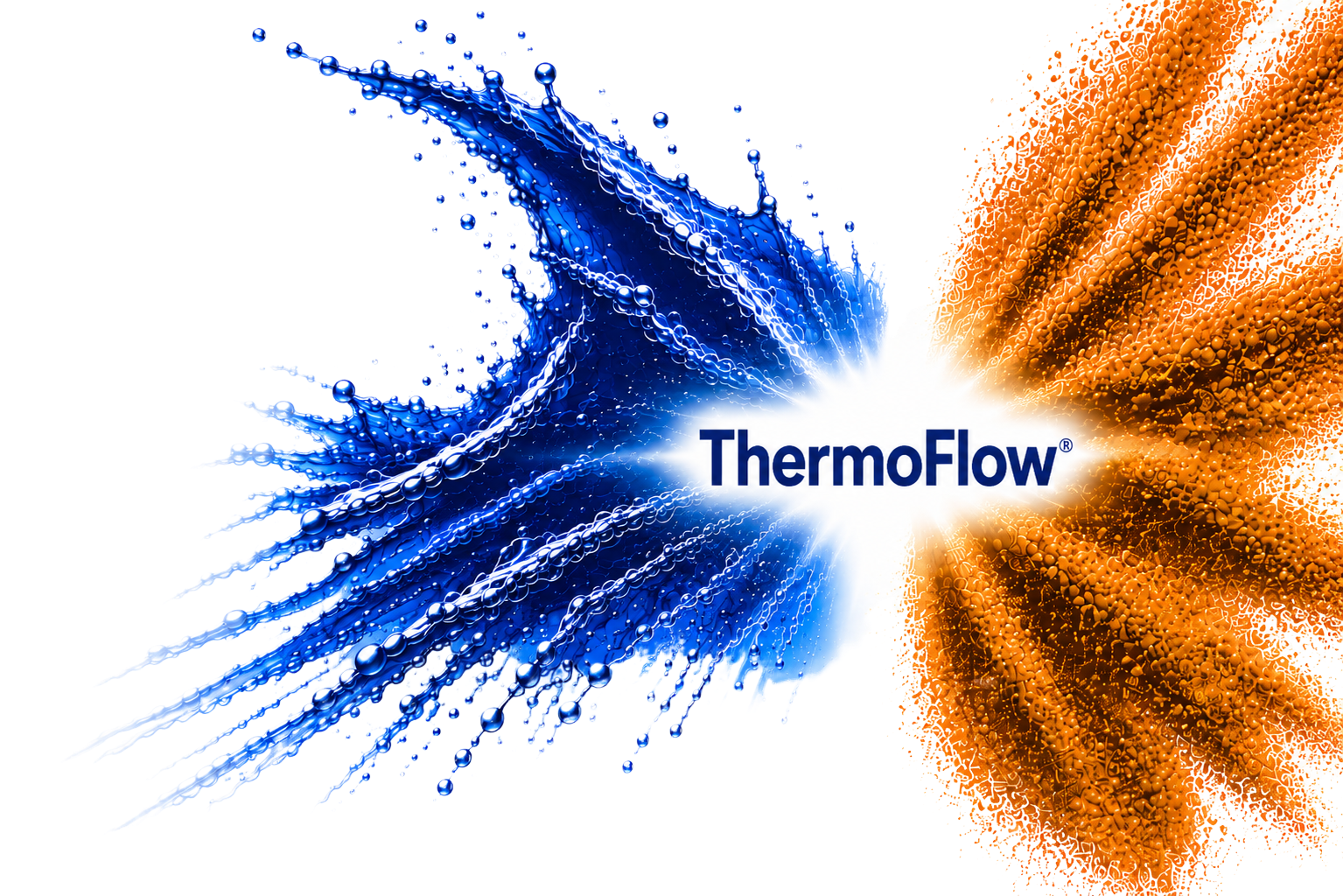 ThermoFlow logo with blue and orange splashes.