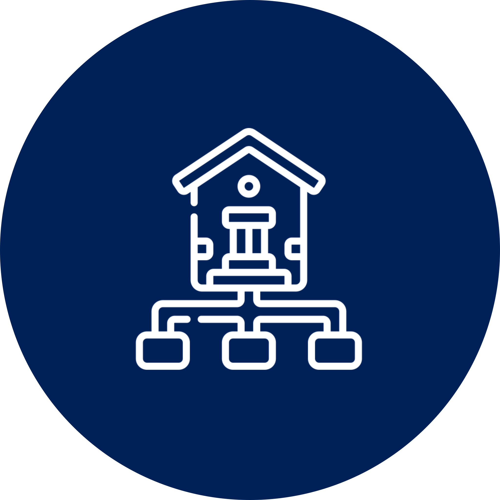 House network icon on blue background.