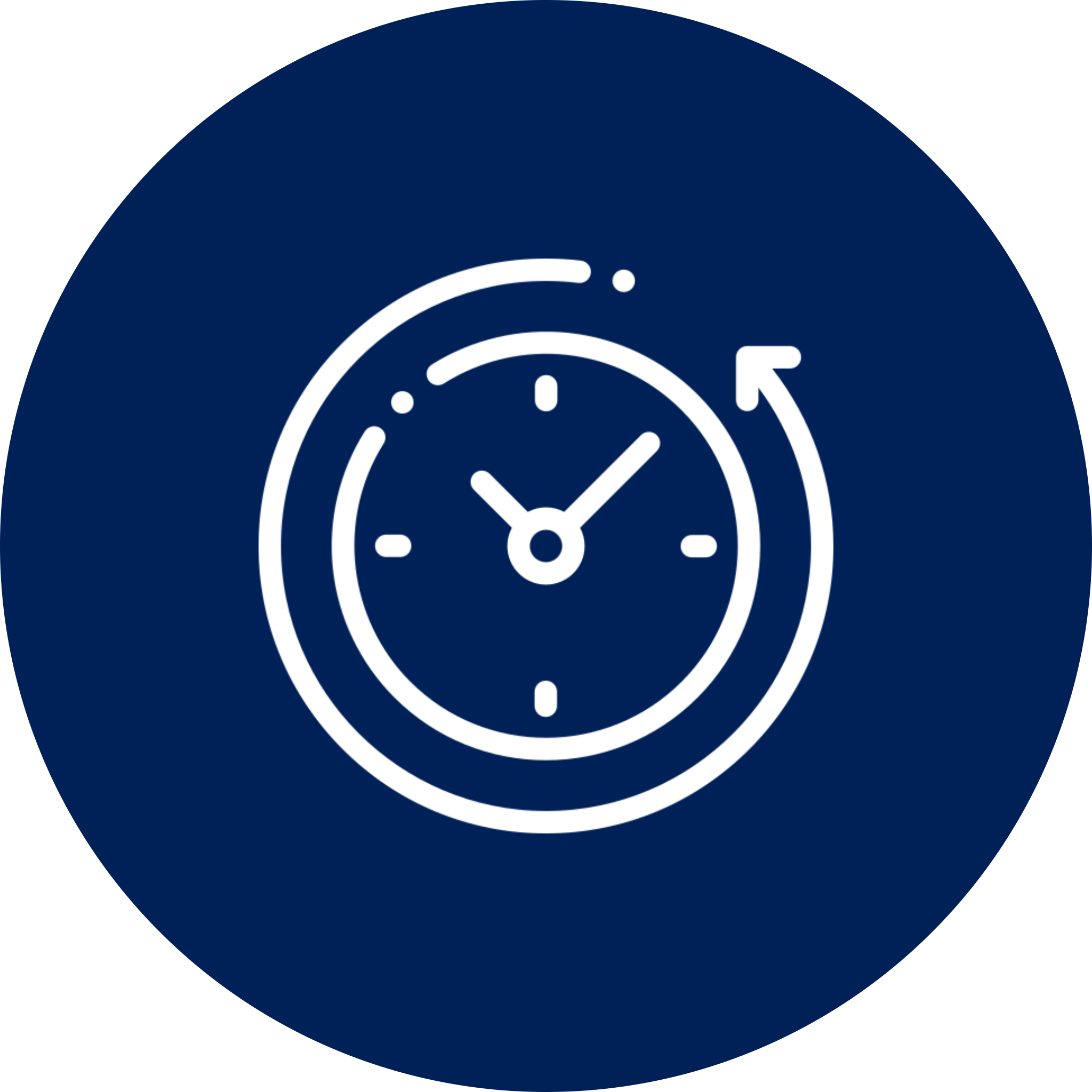 Clock icon with circular arrow on blue.