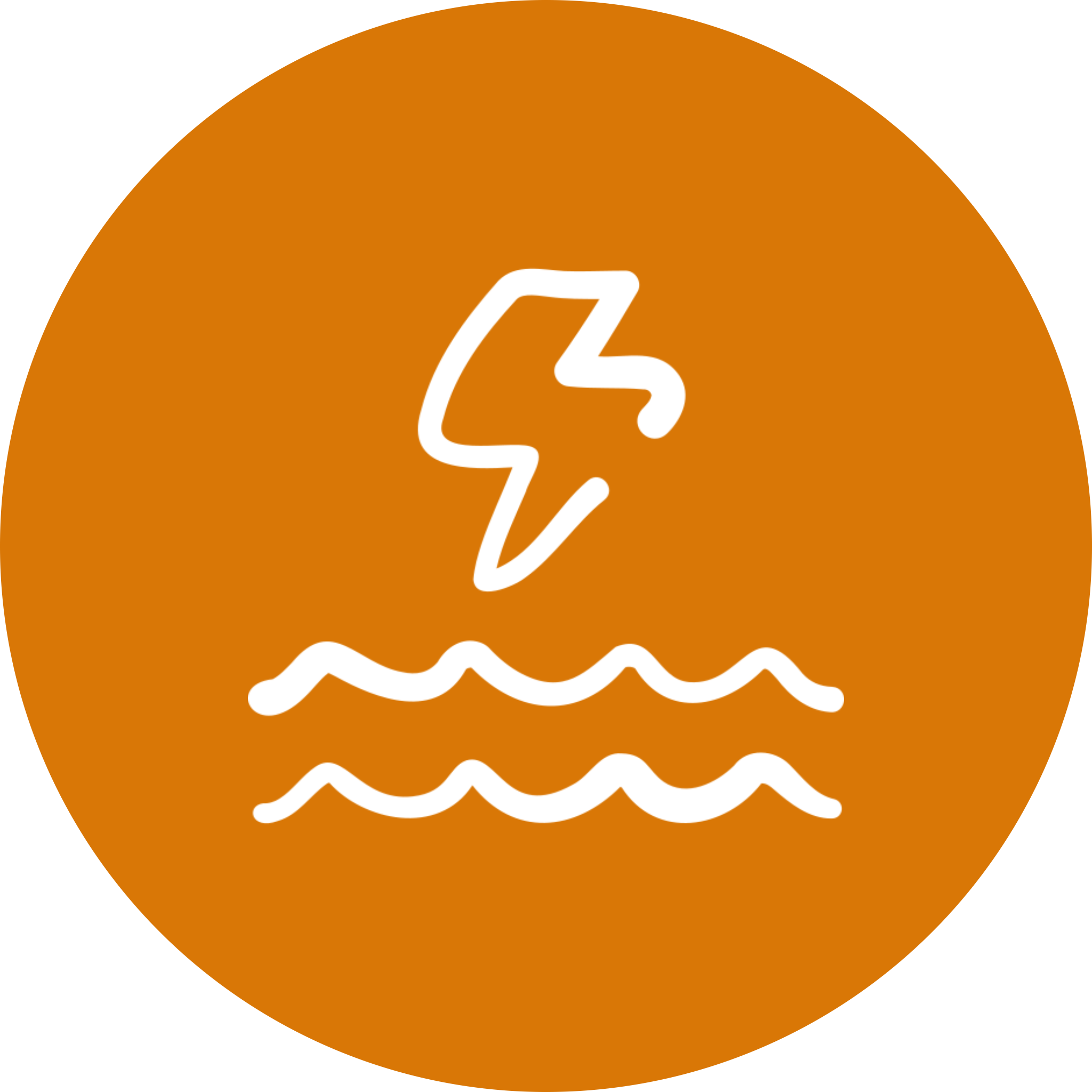 Lightning bolt above waves in orange circle.
